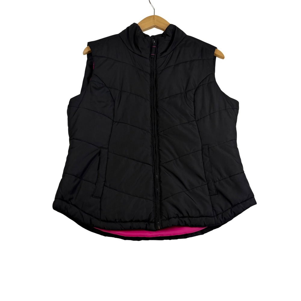 Aeropostale Womens Puffer Vest Black Pink Lining Quilted Full Zip Large L/G
